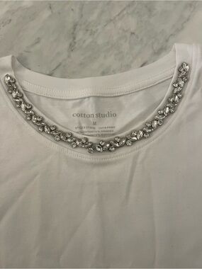 Cotton Studio White Jeweled Neckline Women's Top